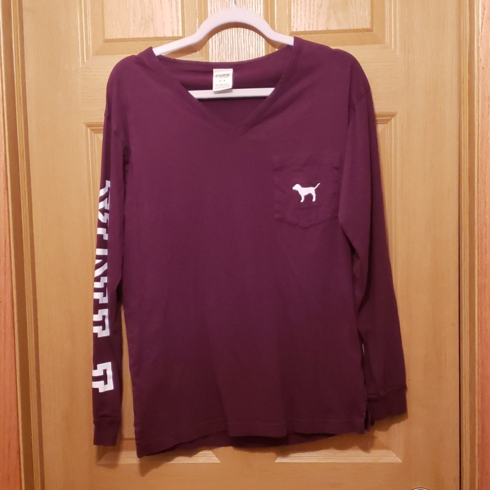 V-Neck Burgundy Long Sleeve Shirt by Pink